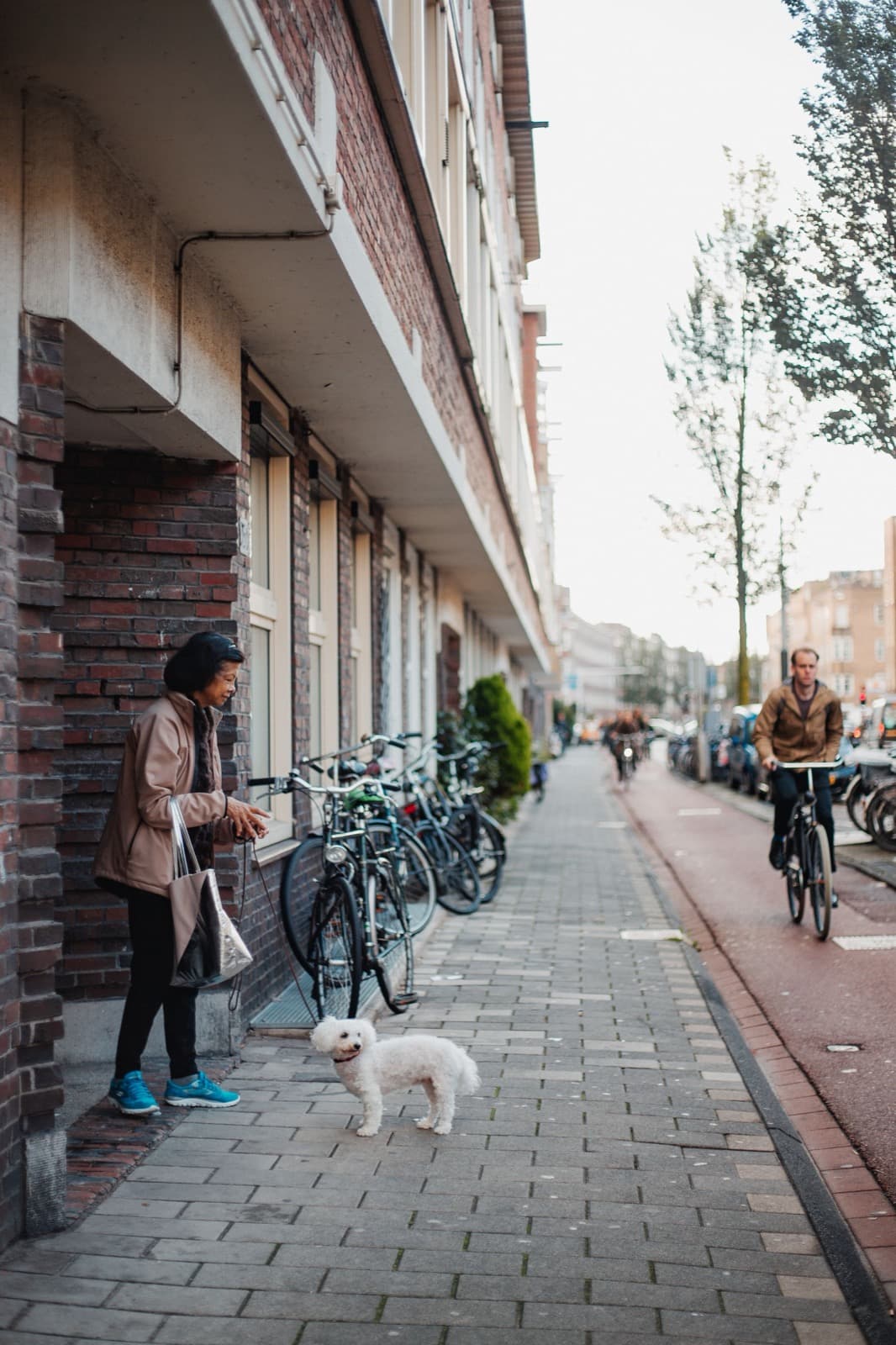 Een gewone Nederlandse woonstraat met fietsen, bakstenen huizen en mensen op straat